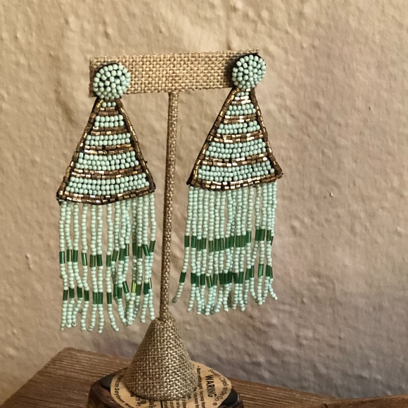 NEW Boho Aqua Blue Beaded Tassel Earrings - Picture 2 of 2